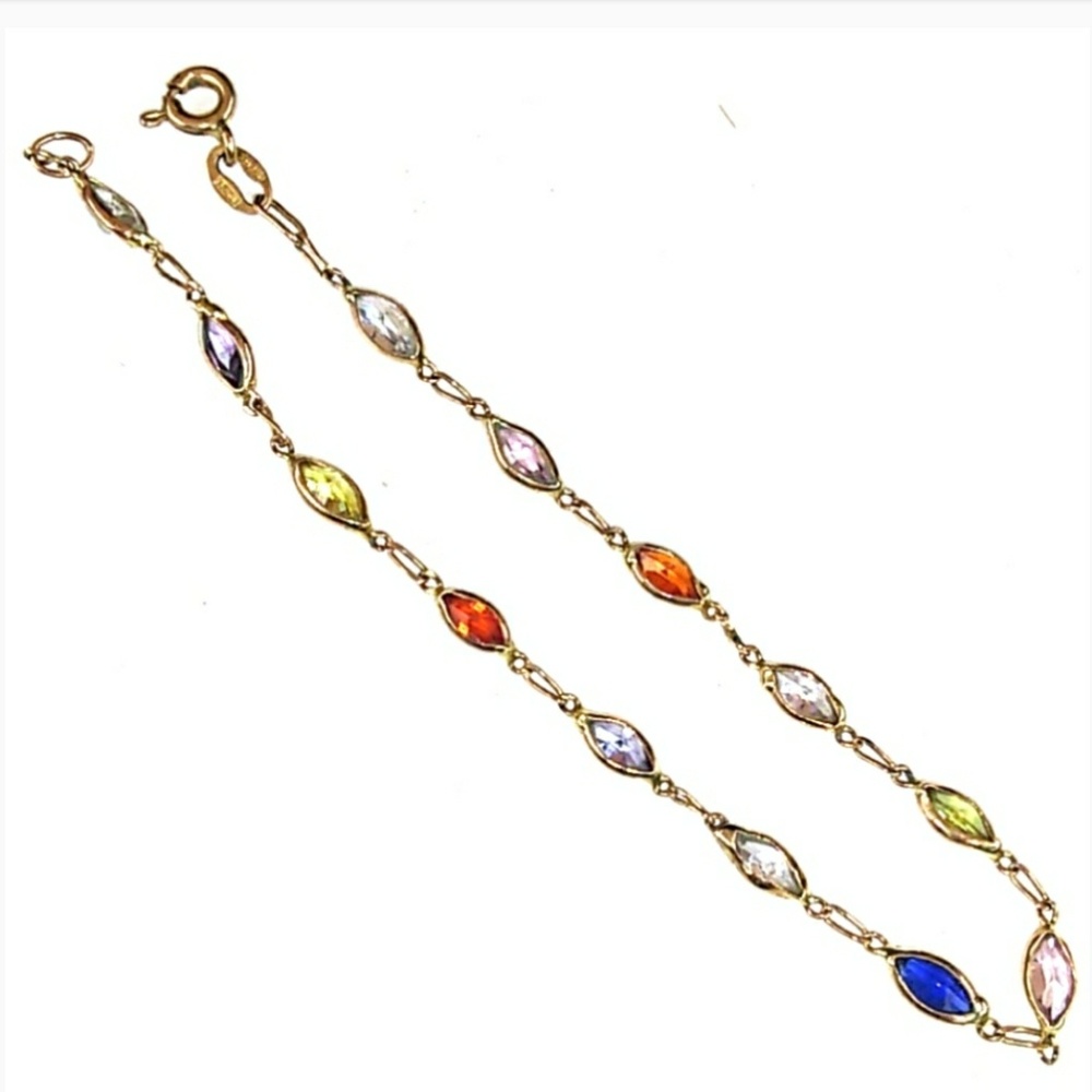 VTG 14K Gold Multi GemStone LinkBracelet VINTAGE - Picture 2 of 8